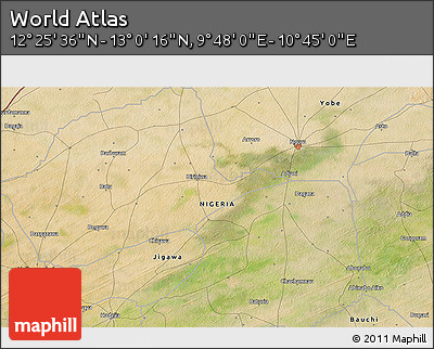 Satellite 3D Map of the Area around 12° 42' 56" N, 10° 16' 30" E