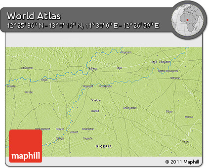 Physical 3D Map of the Area around 12° 42' 56" N, 11° 58' 29" E