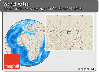 Shaded Relief Location Map of the Area around 12° 42' 56" N, 11° 58' 29" E