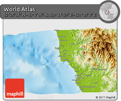 Physical 3D Map of the Area around 12° 42' 56" N, 120° 46' 30" E