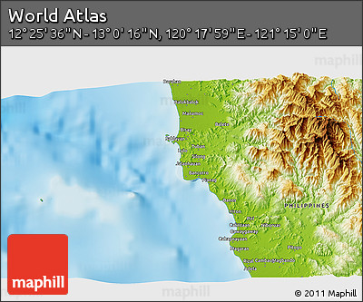 Physical 3D Map of the Area around 12° 42' 56" N, 120° 46' 30" E