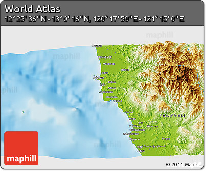 Physical 3D Map of the Area around 12° 42' 56" N, 120° 46' 30" E