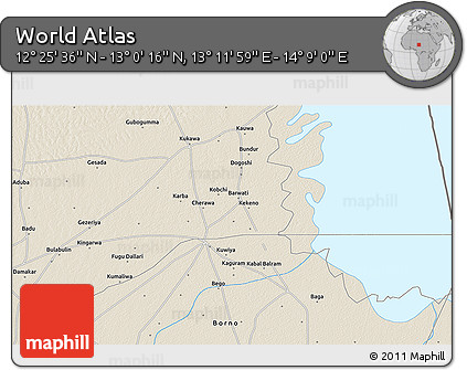 Shaded Relief 3D Map of the Area around 12° 42' 56" N, 13° 40' 30" E