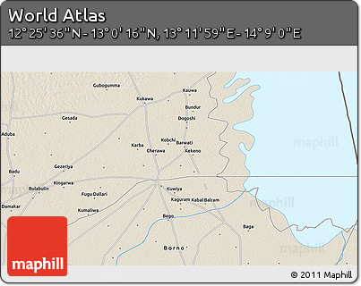 Shaded Relief 3D Map of the Area around 12° 42' 56" N, 13° 40' 30" E