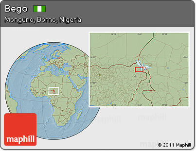 Savanna Style Location Map of Bego, hill shading