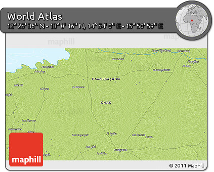 Physical 3D Map of the Area around 12° 42' 56" N, 15° 22' 30" E
