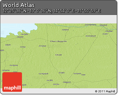 Physical 3D Map of the Area around 12° 42' 56" N, 15° 22' 30" E