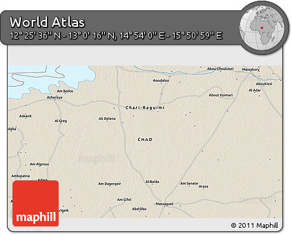 Shaded Relief 3D Map of the Area around 12° 42' 56" N, 15° 22' 30" E