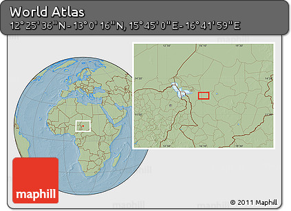 Savanna Style Location Map of the Area around 12° 42' 56" N, 16° 13' 30" E, hill shading