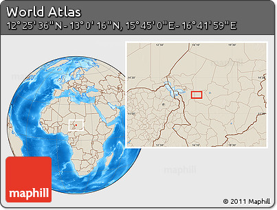 Shaded Relief Location Map of the Area around 12° 42' 56" N, 16° 13' 30" E