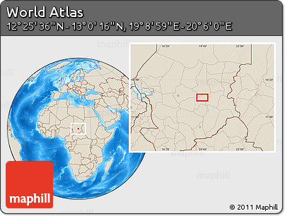 Shaded Relief Location Map of the Area around 12° 42' 56" N, 19° 37' 30" E
