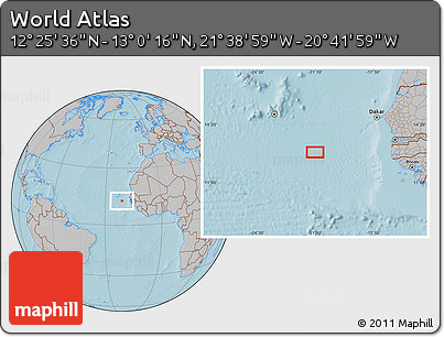 Gray Location Map of the Area around 12° 42' 56" N, 21° 10' 29" W, hill shading