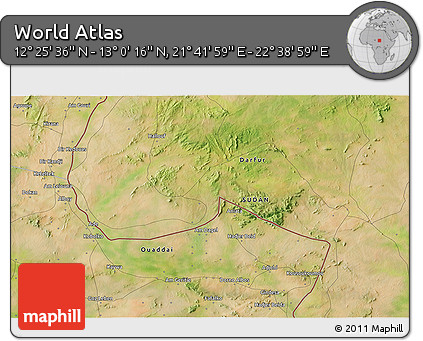 Satellite 3D Map of the Area around 12° 42' 56" N, 22° 10' 29" E