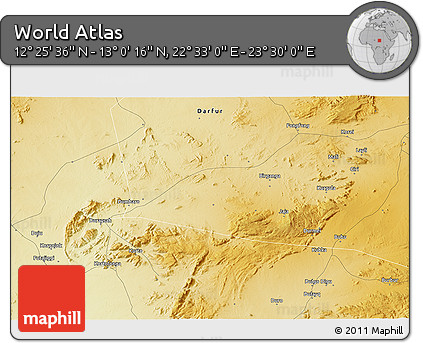 Physical 3D Map of the Area around 12° 42' 56" N, 23° 1' 29" E