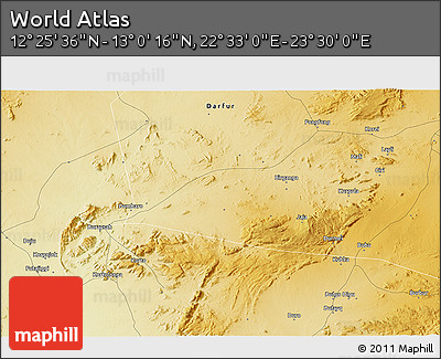 Physical 3D Map of the Area around 12° 42' 56" N, 23° 1' 29" E