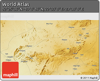 Physical 3D Map of the Area around 12° 42' 56" N, 23° 1' 29" E