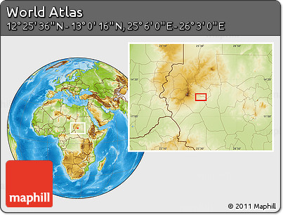 Physical Location Map of the Area around 12° 42' 56" N, 25° 34' 30" E