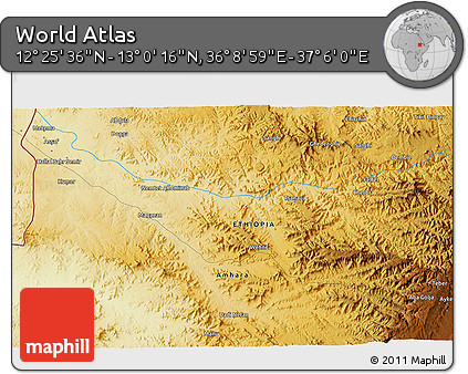 Physical 3D Map of the Area around 12° 42' 56" N, 36° 37' 30" E