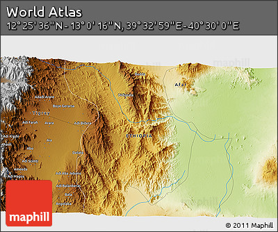 Physical 3D Map of the Area around 12° 42' 56" N, 40° 1' 29" E