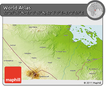 Physical 3D Map of the Area around 12° 42' 56" N, 42° 34' 30" E
