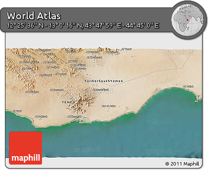 Satellite 3D Map of the Area around 12° 42' 56" N, 44° 16' 29" E