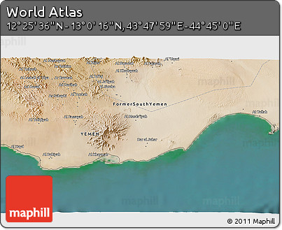 Satellite 3D Map of the Area around 12° 42' 56" N, 44° 16' 29" E