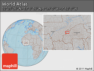 Gray Location Map of the Area around 12° 42' 56" N, 4° 10' 30" W, hill shading