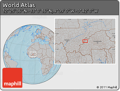 Gray Location Map of the Area around 12° 42' 56" N, 4° 10' 30" W, hill shading