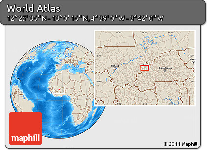 Shaded Relief Location Map of the Area around 12° 42' 56" N, 4° 10' 30" W