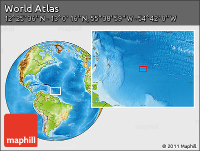 Physical Location Map of the Area around 12° 42' 56" N, 55° 10' 29" W