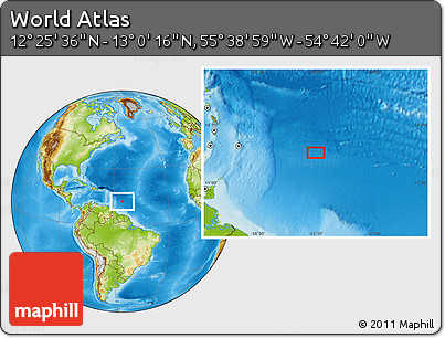 Physical Location Map of the Area around 12° 42' 56" N, 55° 10' 29" W