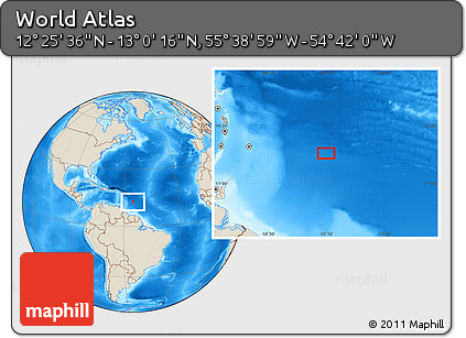 Shaded Relief Location Map of the Area around 12° 42' 56" N, 55° 10' 29" W