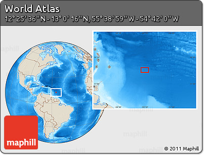 Shaded Relief Location Map of the Area around 12° 42' 56" N, 55° 10' 29" W