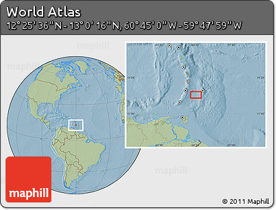 Savanna Style Location Map of the Area around 12° 42' 56" N, 60° 16' 29" W, hill shading