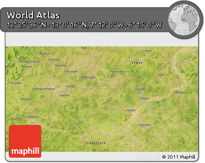 Satellite 3D Map of the Area around 12° 42' 56" N, 6° 43' 29" W