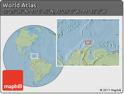Savanna Style Location Map of the Area around 12° 42' 56" N, 72° 10' 30" W, hill shading