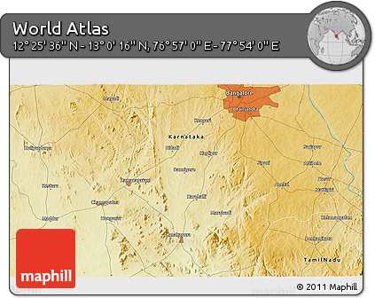 Physical 3D Map of the Area around 12° 42' 56" N, 77° 25' 30" E