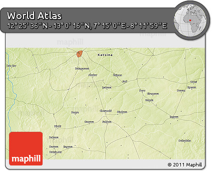 Physical 3D Map of the Area around 12° 42' 56" N, 7° 43' 29" E