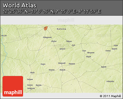 Physical 3D Map of the Area around 12° 42' 56" N, 7° 43' 29" E