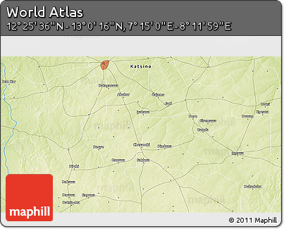 Physical 3D Map of the Area around 12° 42' 56" N, 7° 43' 29" E
