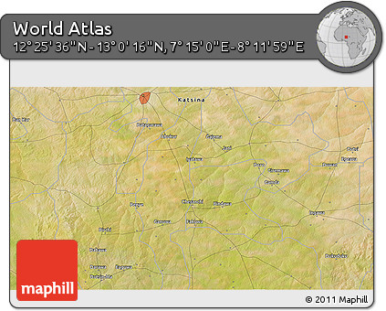 Satellite 3D Map of the Area around 12° 42' 56" N, 7° 43' 29" E
