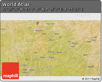 Satellite 3D Map of the Area around 12° 42' 56" N, 7° 43' 29" E