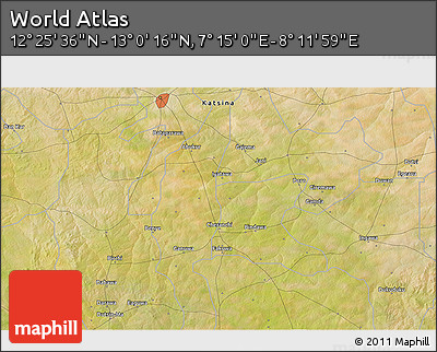 Satellite 3D Map of the Area around 12° 42' 56" N, 7° 43' 29" E