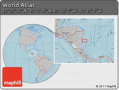 Gray Location Map of the Area around 12° 42' 56" N, 83° 13' 29" W, hill shading
