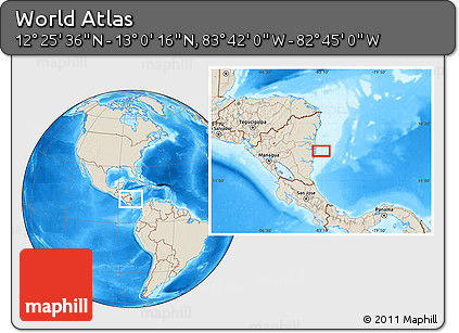 Shaded Relief Location Map of the Area around 12° 42' 56" N, 83° 13' 29" W