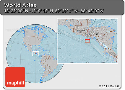 Gray Location Map of the Area around 12° 42' 56" N, 89° 10' 30" W, hill shading