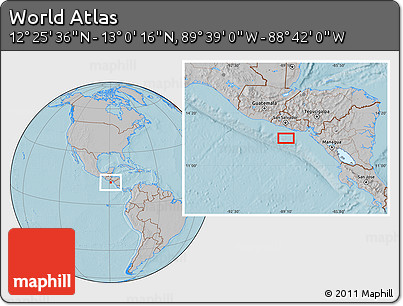 Gray Location Map of the Area around 12° 42' 56" N, 89° 10' 30" W, hill shading