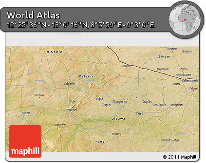 Satellite 3D Map of the Area around 12° 42' 56" N, 8° 34' 29" E