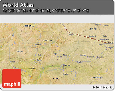 Satellite 3D Map of the Area around 12° 42' 56" N, 8° 34' 29" E