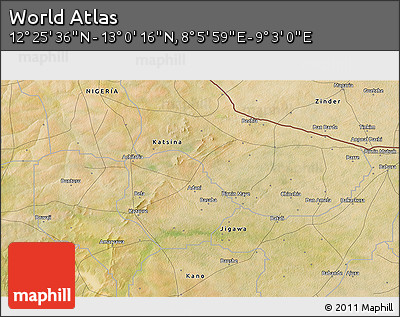 Satellite 3D Map of the Area around 12° 42' 56" N, 8° 34' 29" E